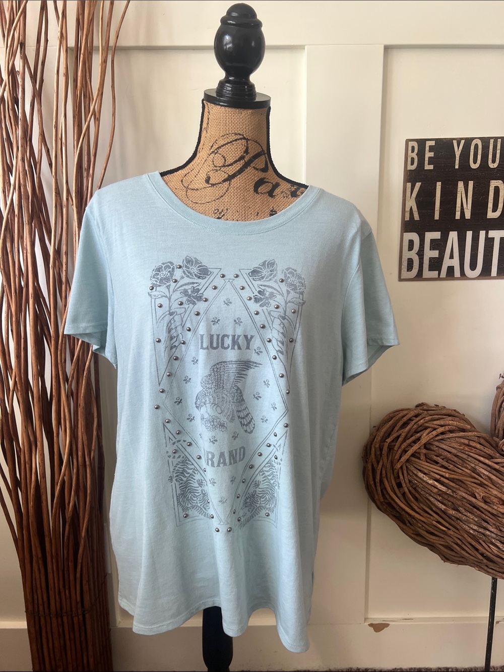 Lucky Brand Light Green Studded Graphic Short Sleeve Tee
